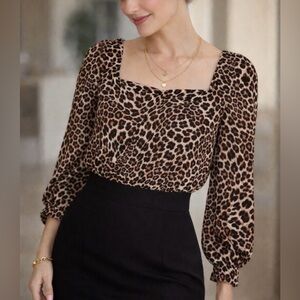 Anthropologie Kachel Leopard Print Long Sleeve Silk Blend Blouse Top  Size 6